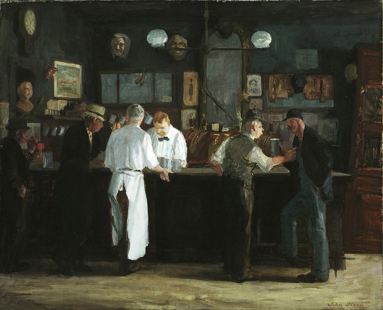 This painting depicts shows a group of men standing around a 19th century bar. Some are waiters and bartenders others are patrons.