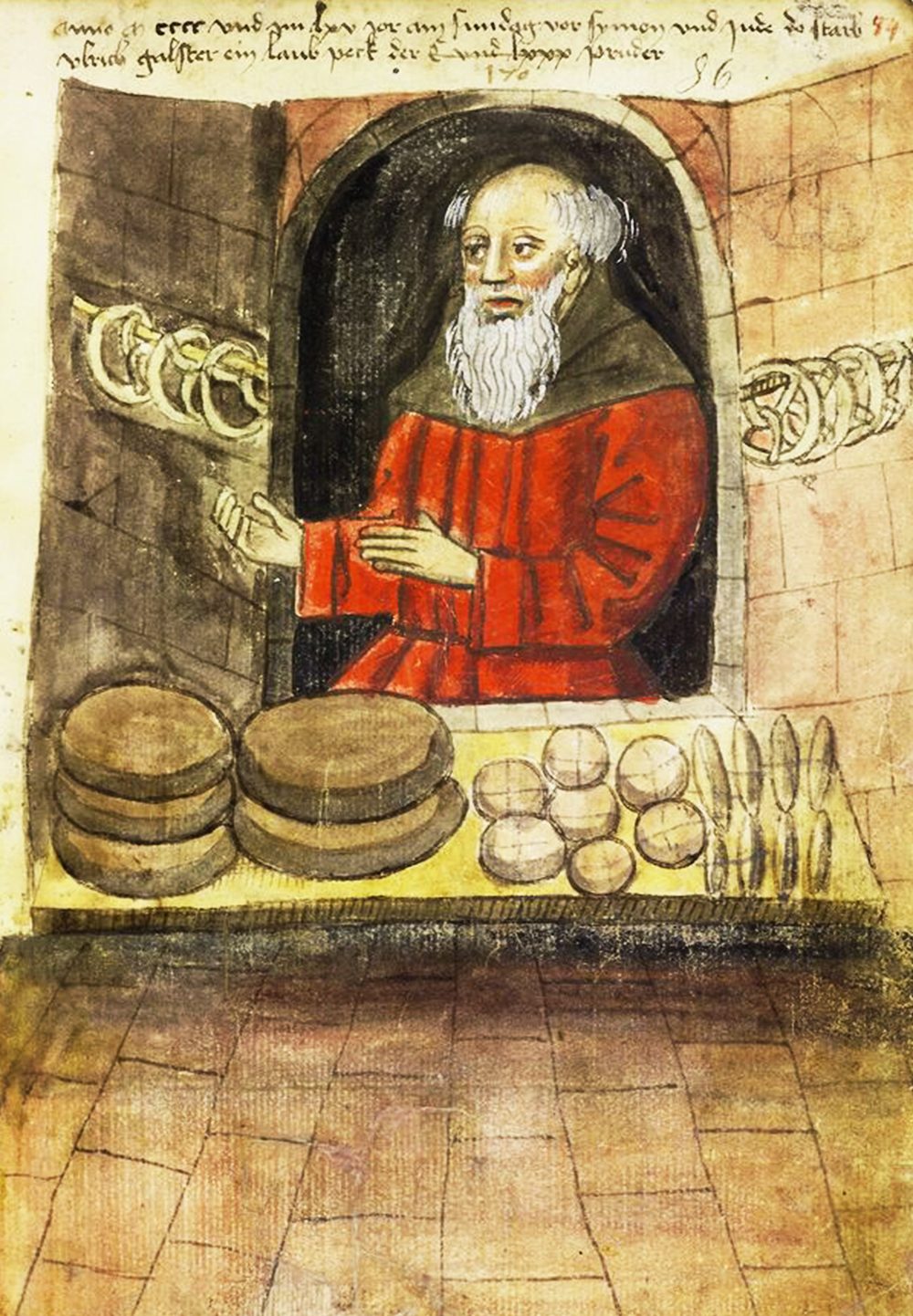 This medieval painting depicts an elderly man wearing a red robe looking out of a bakery window. His baked goods are placed on a shelf outside of the window.