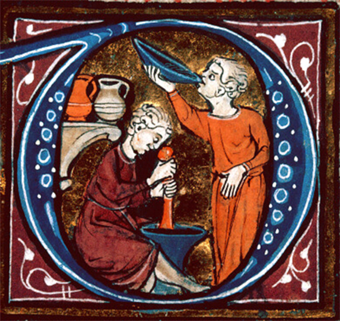 An illustration featuring medieval doctors preparing and testing medicinal concoctions.