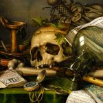 A detail from “Still Life with Books and Manuscripts and a Skull”, Edwaert Collier showcasing an intricate arrangement of books, manuscripts, and a prominently placed skull, emphasizing the themes of Memento Mori, knowledge, mortality, and the passage of time.