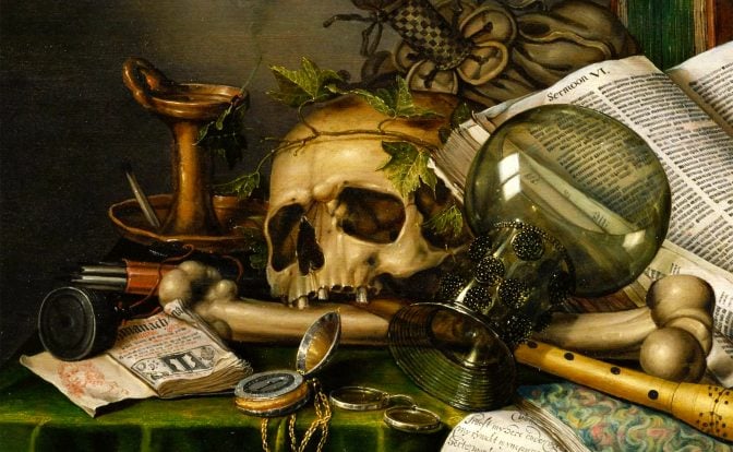 A detail from “Still Life with Books and Manuscripts and a Skull”, Edwaert Collier showcasing an intricate arrangement of books, manuscripts, and a prominently placed skull, emphasizing the themes of Memento Mori, knowledge, mortality, and the passage of time.