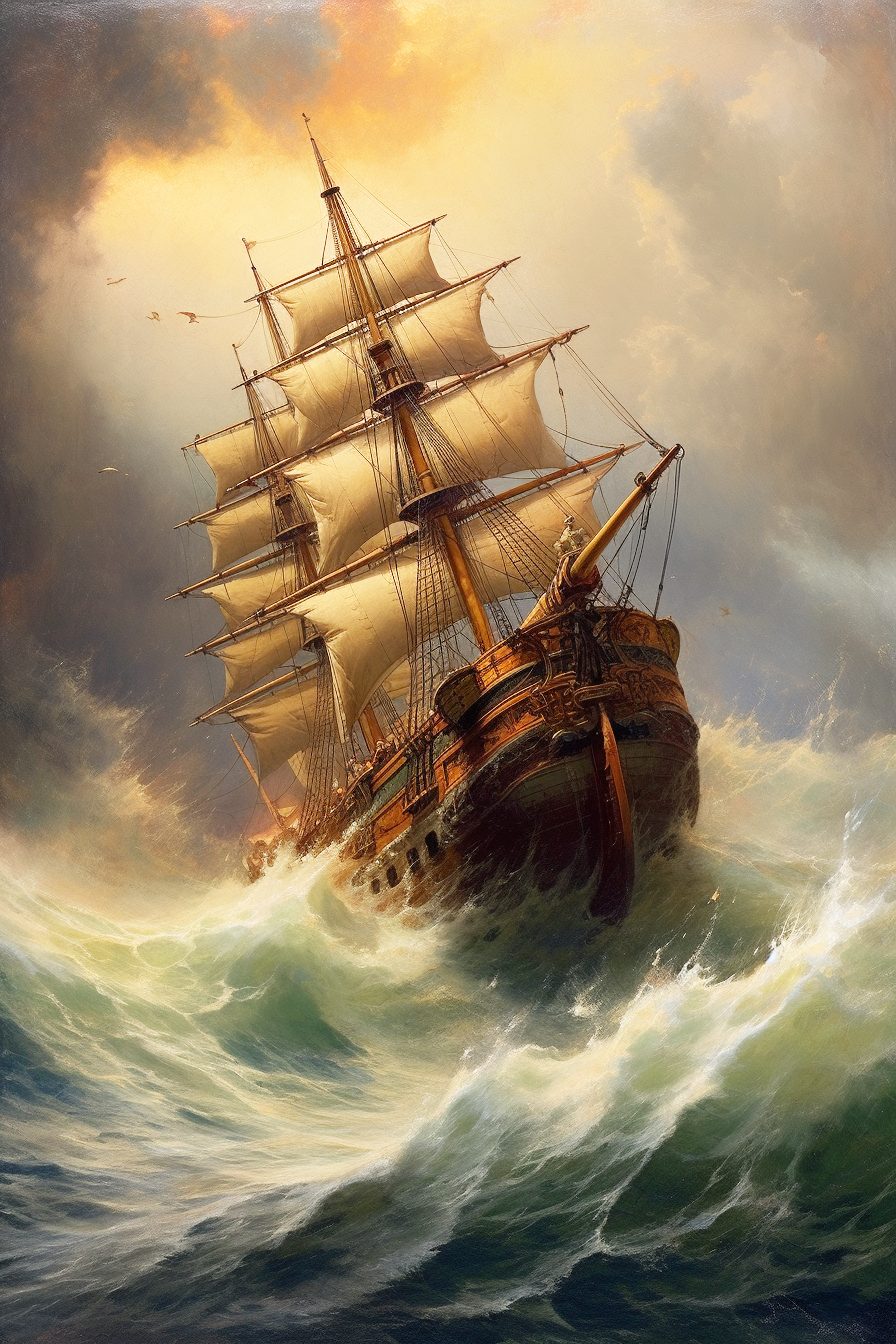 An illustration in the style of an oil painting depicting a sail ship being thrown about by waves in a storm.
