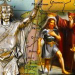 A collage of a map of the Frankish Kingdom at the Time of Clovis' Death in 511, on the left warrior-king Merovech holds a spear, on the right a baptism scene with the Pope in a red robe and a hat pouring water from a golden plate on the head of king Clovis who has a metal breast plate on.