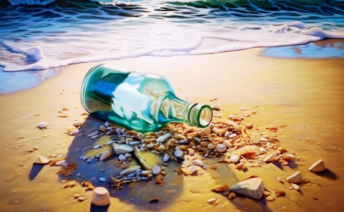 An illustration of a bottle with a rolled up piece of paper inside on a sandy beach, waves crashing in the backdrop.