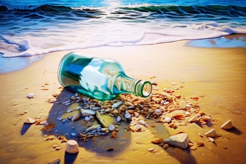 An illustration of a bottle with a rolled up piece of paper inside on a sandy beach, waves crashing in the backdrop.