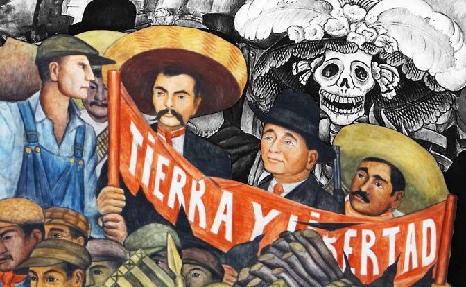 A collage of Segment of Diego Rivera's "History of Mexico" mural at the National Palace showing Emiliano Zapata (left with sombrero), Felipe Carrillo Puerto (center), and José Guadalupe Rodríquez (right with sombrero) beneath a banner reading 'Tierra y Libertad' and a detail from Rivera's mural 'Dream of a Sunday Afternoon in Alameda Park' showcasing La Calavera Catrina - a female skeleton adorned with a hat.