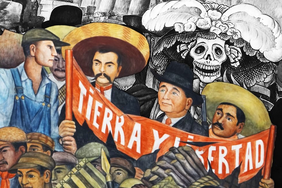 A collage of Segment of Diego Rivera's "History of Mexico" mural at the National Palace showing Emiliano Zapata (left with sombrero), Felipe Carrillo Puerto (center), and José Guadalupe Rodríquez (right with sombrero) beneath a banner reading 'Tierra y Libertad' and a detail from Rivera's mural 'Dream of a Sunday Afternoon in Alameda Park' showcasing La Calavera Catrina - a female skeleton adorned with a hat.