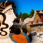 A photo of an ancient Minoan Palace at Knossos with red columns. The temple is in a state of ruin and has a clear blue sky in the background. On the left side a fresco of a Minoan woman.