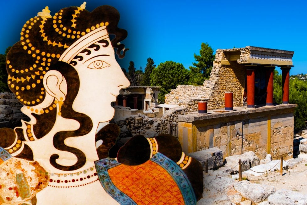 A photo of an ancient Minoan Palace at Knossos with red columns. The temple is in a state of ruin and has a clear blue sky in the background. On the left side a fresco of a Minoan woman.