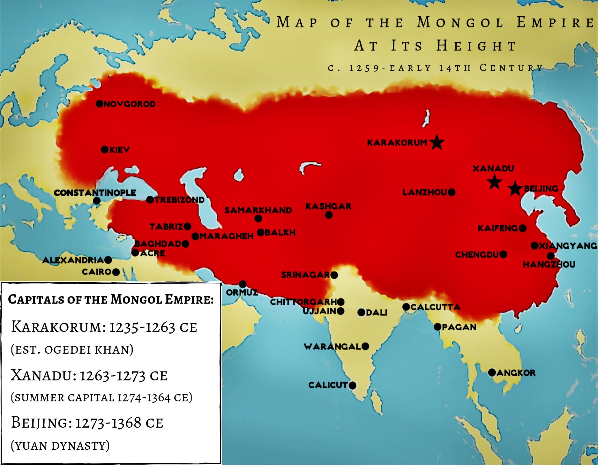 A map of the Mongol Empire at its Height, 1259–early 14th century, in red and yellow, showing its capitals and major regions in the early 14th century.