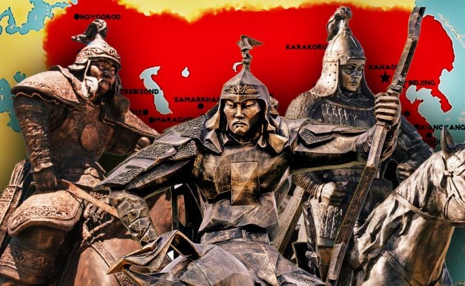 Photo of three bronze statues of Mongolian generals, possibly Hulagu Khan, Jebe and Subutai, on horses on top of a map of the Mongol Empire at its Height, 1259–early 14th century, in red and yellow, showing its capitals and major regions in the early 14th century.