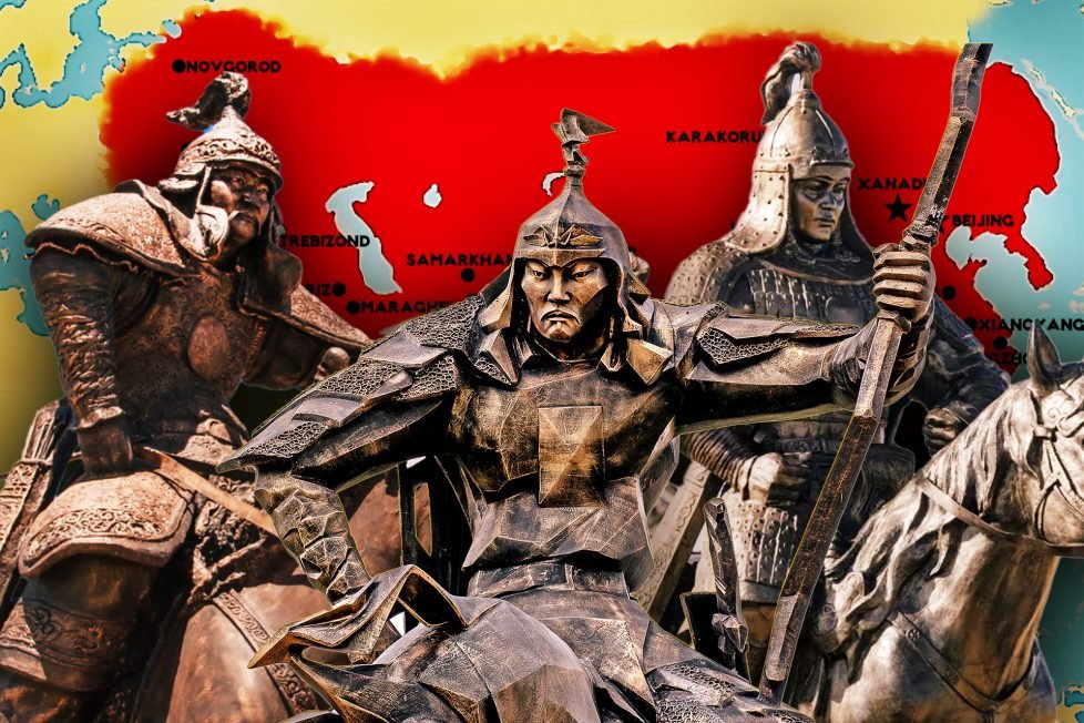 Photo of three bronze statues of Mongolian generals, possibly Hulagu Khan, Jebe and Subutai, on horses on top of a map of the Mongol Empire at its Height, 1259–early 14th century, in red and yellow, showing its capitals and major regions in the early 14th century.