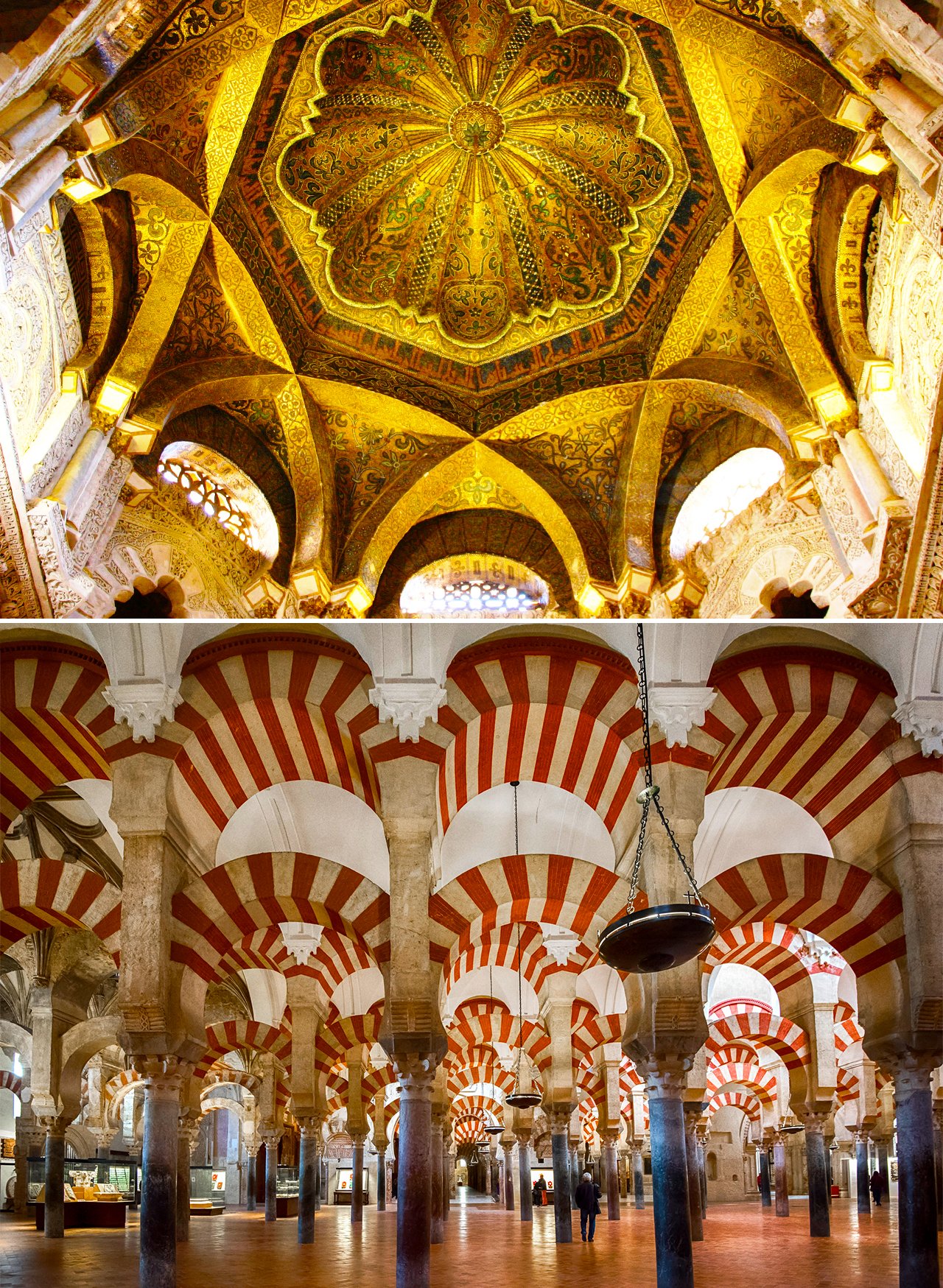 A collage of two images of the interior of the Great Mosque of Córdoba, Spain, showing the ornate ceiling and the red and white striped arches and columns.