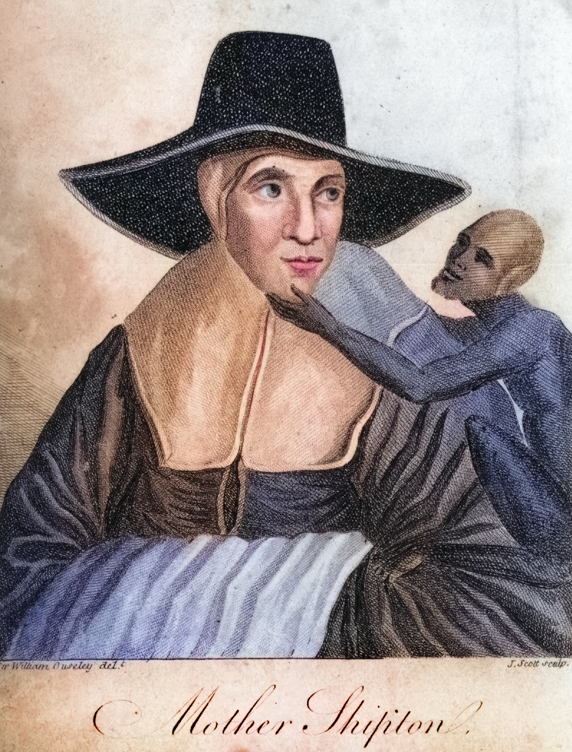 Half-length portrait of Mother Shipton, facing left but looking to the right, with arms folded under her apron. She's adorned with a broad white collar and wears a large black hat over a cap. A small demon, her familiar, crouches on her left arm, its hand gently placed under her chin.