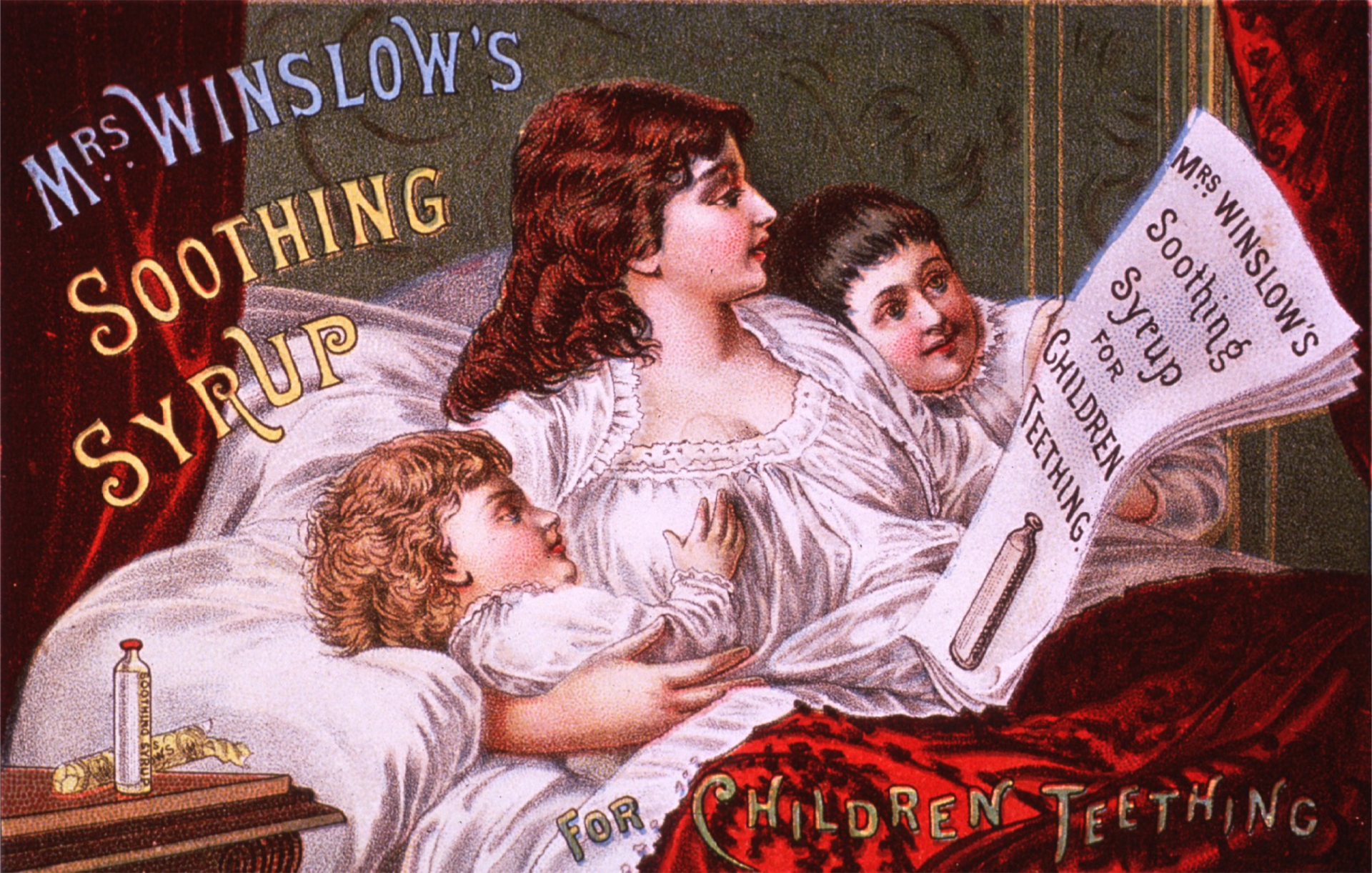 Card features a mother in bed with her children. She is reading a newspaper advertisement for Mrs. Winslow's Soothing Syrup.