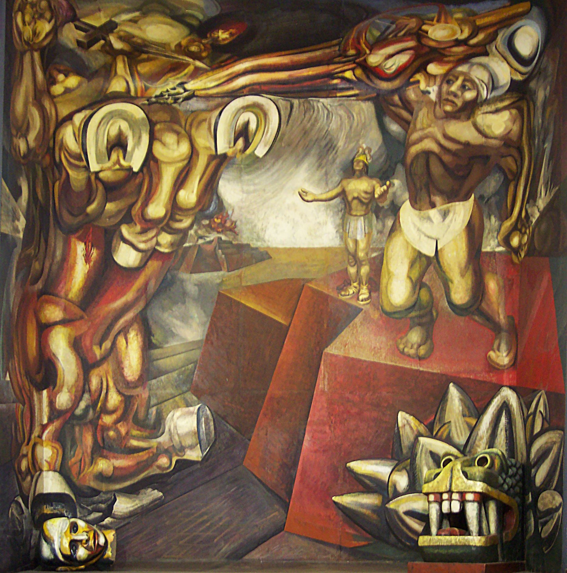 The mural pulses with warm, vivid colors and exaggerated shapes, exuding intense emotion. It captures a dramatic clash between mythological figures: on the right, the Aztec emperor Cuautemoc is seen striking the heart of a centaur, symbolizing imperialism and Christianity, on the left. In the backdrop, Moctezuma's gesture indicates surrender, suggesting the triumph of the revolutionaries.