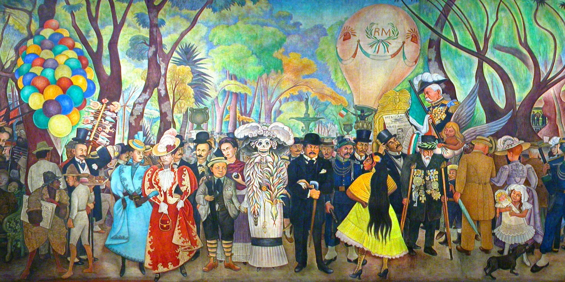 The mural captures pivotal moments and figures from Mexico's history, set in Mexico City's Alameda Central park. Notable figures include Frida Kahlo, Benito Juárez, Porfirio Díaz, La Malinche, and more. The mural centers on bourgeois life before the 1910 Mexican Revolution, with upper-class figures beneath dictator Porfirio Díaz. Nearby, police push back an indigenous family, while Inquisition victims burn to the left. Dominating the center is the skeletal La Calavera Catrina, linked arm-in-arm with her creator, José Guadalupe Posada, and a young Diego Rivera. Frida Kahlo stands protectively behind them, holding a yin-yang symbol.