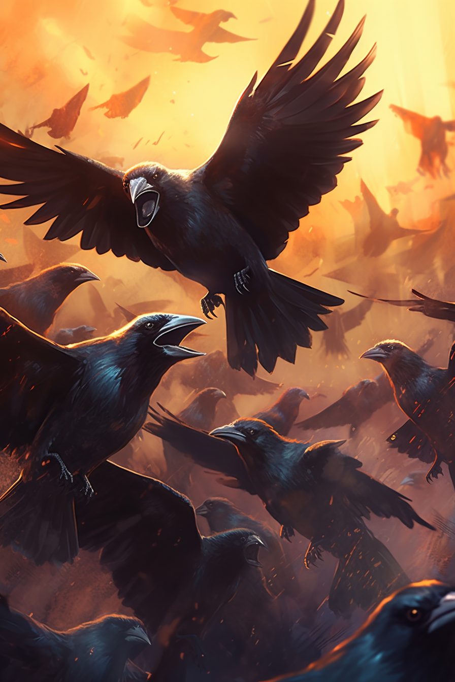 An illustration of a murder of crows, featuring a large group of black birds flying through the air.
