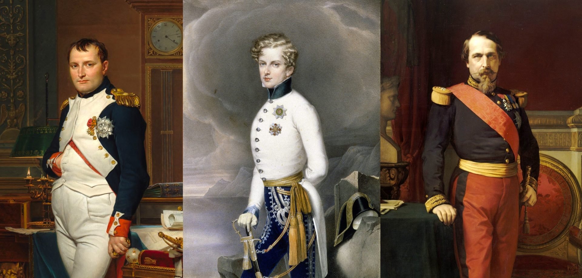 Triptych of three portraits showcasing European leaders: On the left, Napoleon Bonaparte stands confidently in a lavish room, adorned in his blue military uniform with gold embellishments and displaying medals. In the center, a young Napoleon II is portrayed against a stormy backdrop, dressed in a white military uniform with a medallion on his chest. On the right, Napoleon III is depicted in an opulent setting, wearing a deep blue and red military uniform with gold accents and various decorations.