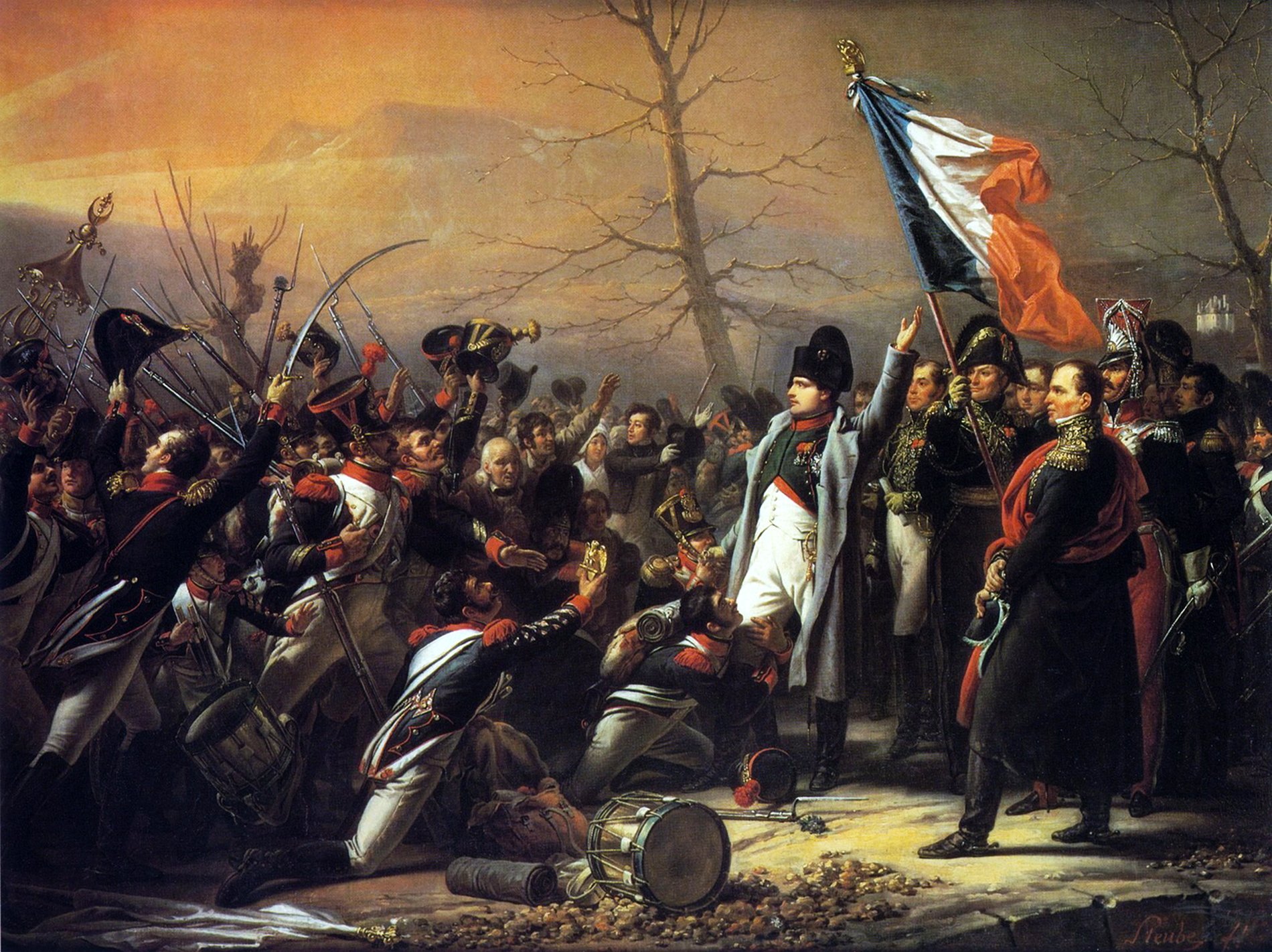 Dramatic painting depicting Napoleon's Return from Elba, showing Napoleon Bonaparte in a white uniform, confidently standing in the center, while around him, soldiers and civilians alike demonstrate a mix of emotions ranging from loyalty and reverence to shock and disbelief. A French tricolor flag waves prominently, symbolizing Napoleon's resurgence. Fallen drums, weapons, and hats on the ground suggest a recent skirmish or the suddenness of the event, while the muted tones of the sky and background add a sense of tension to the scene.