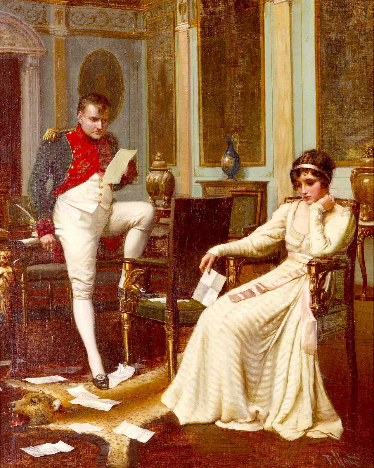 This painting depicts a man, Napoleon, and a woman, Josephine. The woman is wearing a white dress with intricate lace detailing, while the man is wearing white pants and a long blue and red jacket. On the floor are papers scattered around their feet, along with what appears to be a vase and other decorative items nearby.