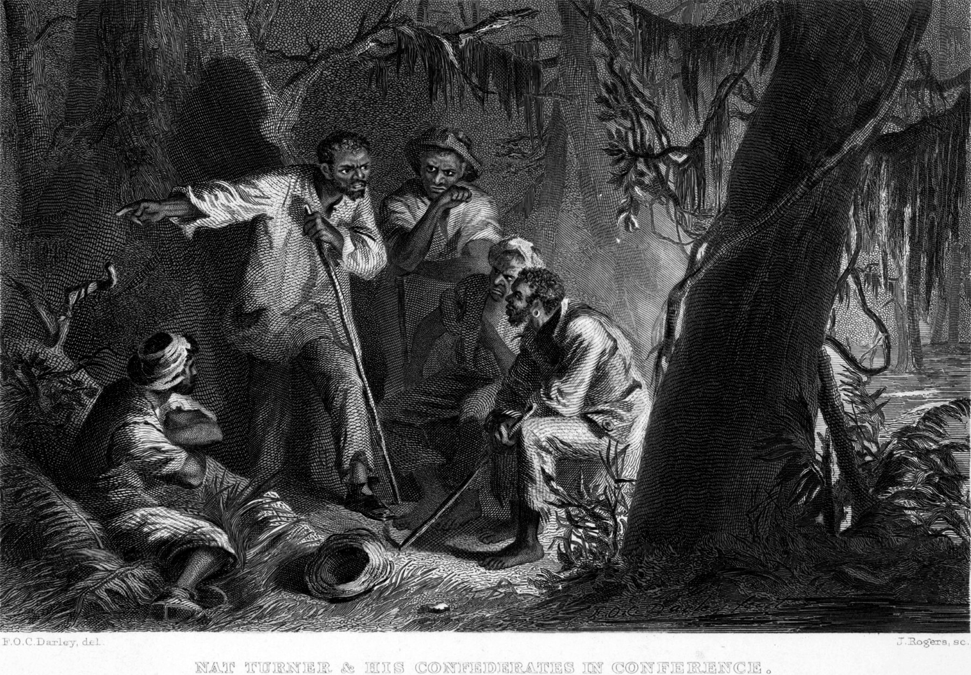A black and white illustration of a group of men in a forest, having a discussion. Nat Turner is standing and holding a stick, while the others are sitting on the ground or on tree stumps.
