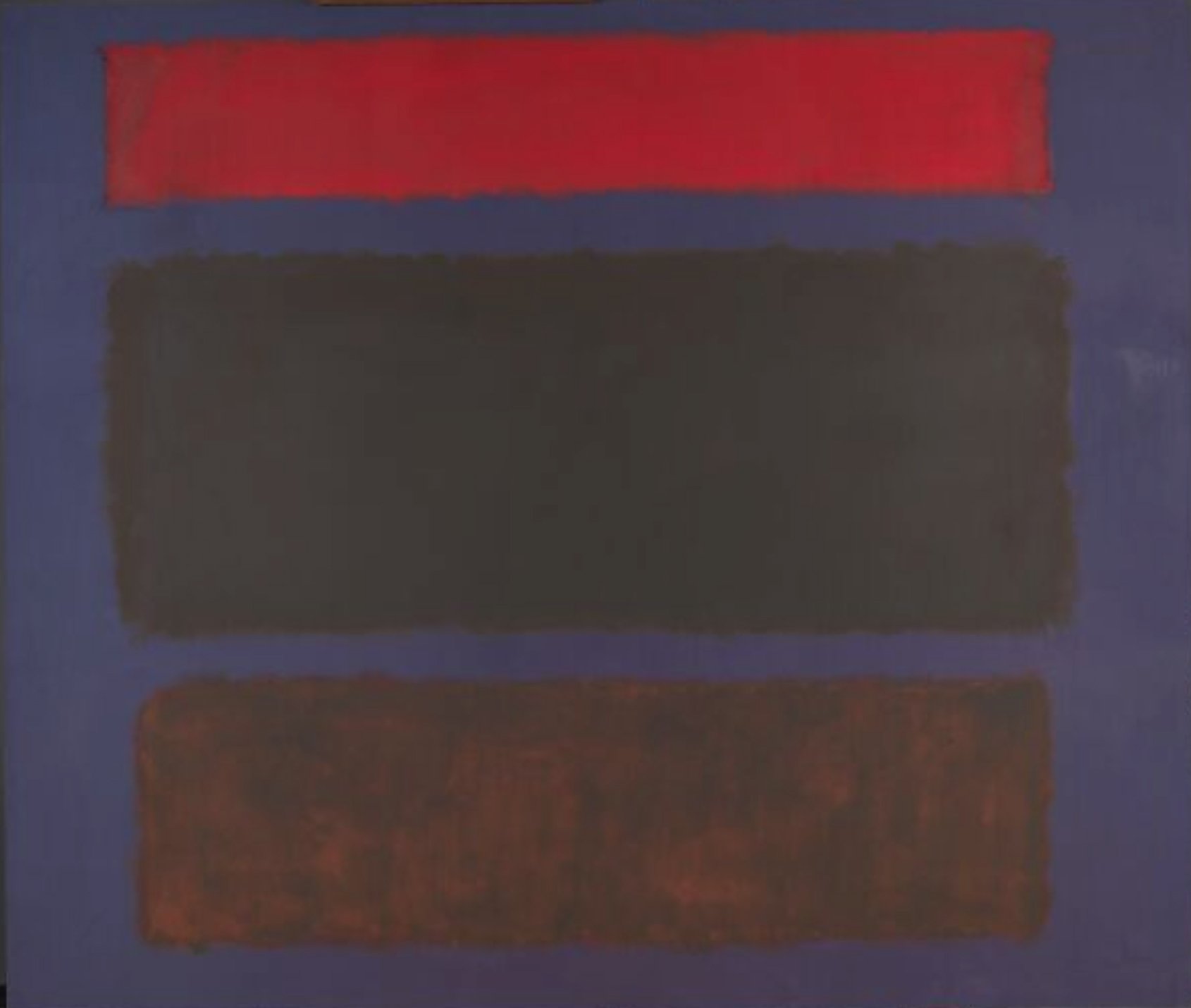 An abstract painting by Mark Rothko with three horizontal rectangles of different colors on a blue background.