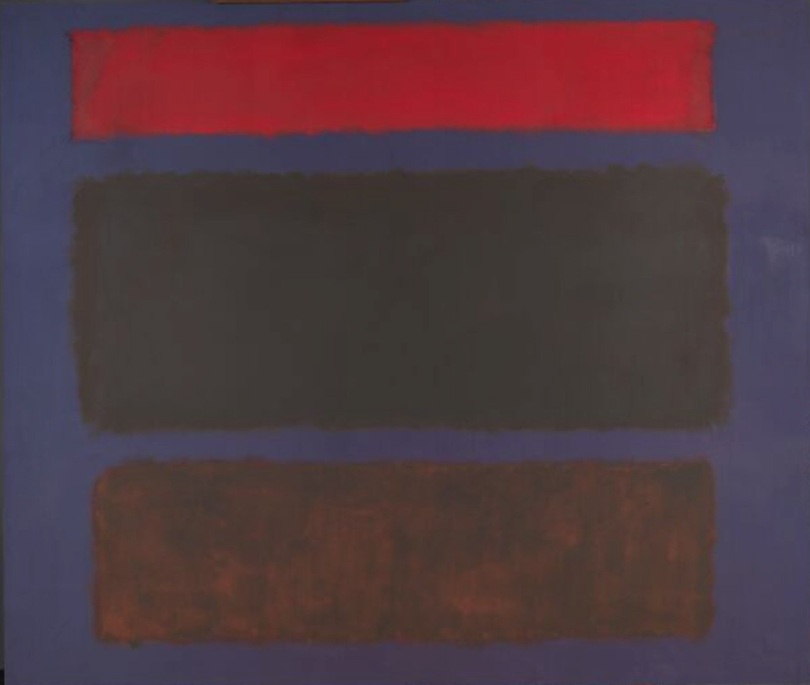 An abstract painting by Mark Rothko with three horizontal rectangles of different colors on a blue background.