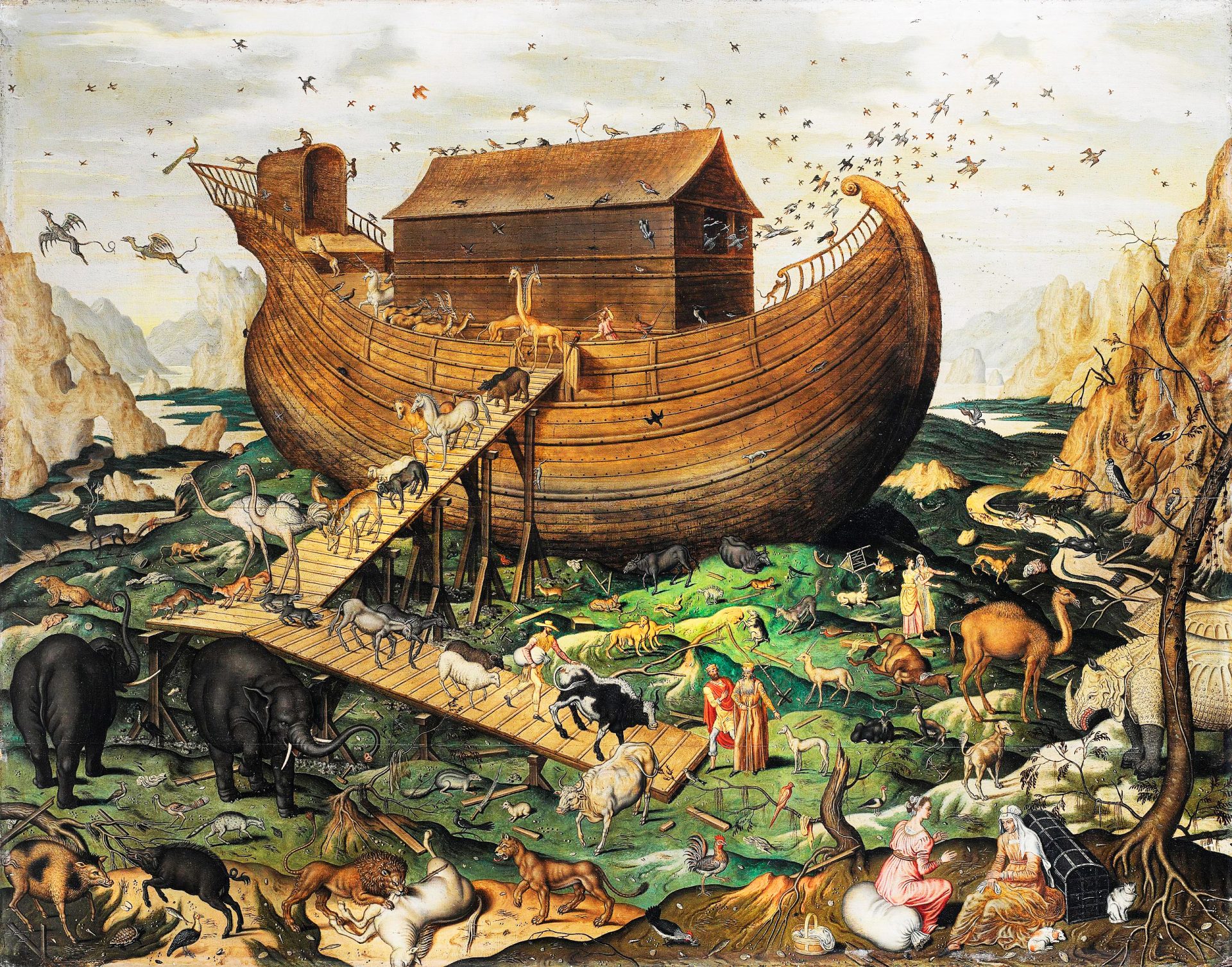 A painting of Noah’s Ark on Mount Ararat with various animals and people around it. The ark is a large wooden boat with a house-like structure on top. The background shows mountains and a cloudy sky. The painting is in a realistic style and a muted color palette. The image depicts a biblical scene of the great flood.