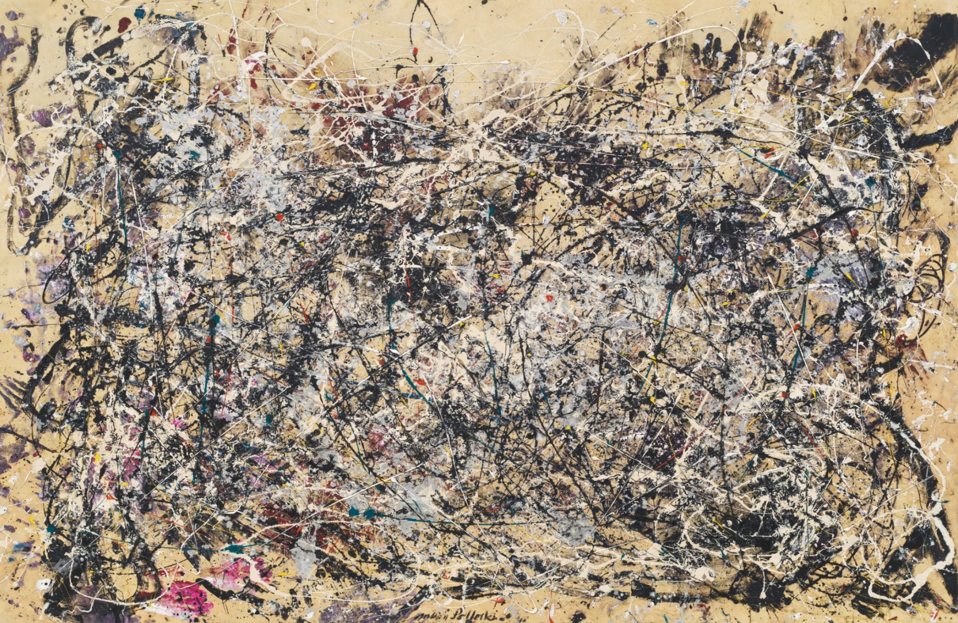 An abstract painting by Jackson Pollock with a chaotic web of black, white, and colored lines and splatters.