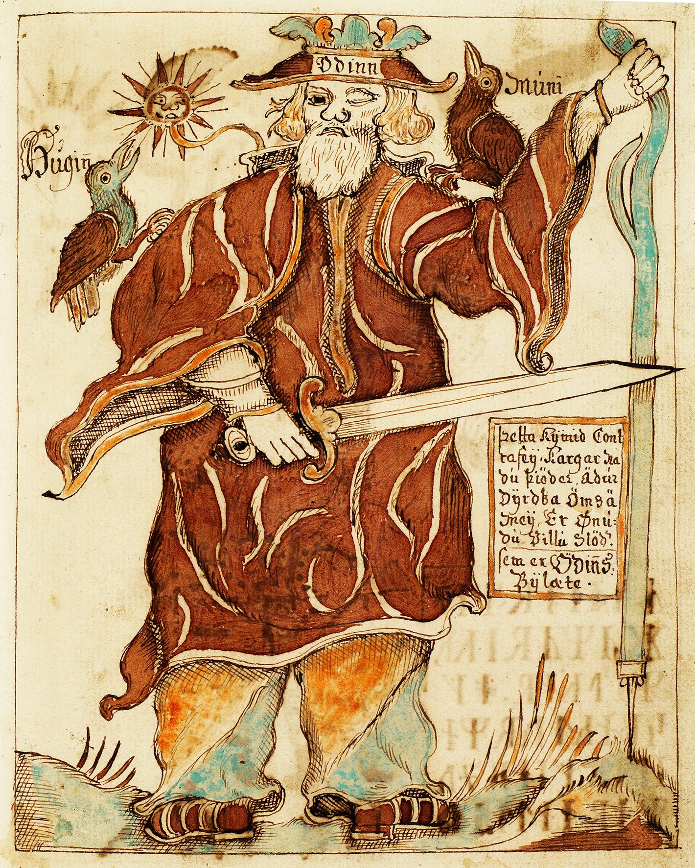 An medieval illustration of Odin with his raven on his shoulder.