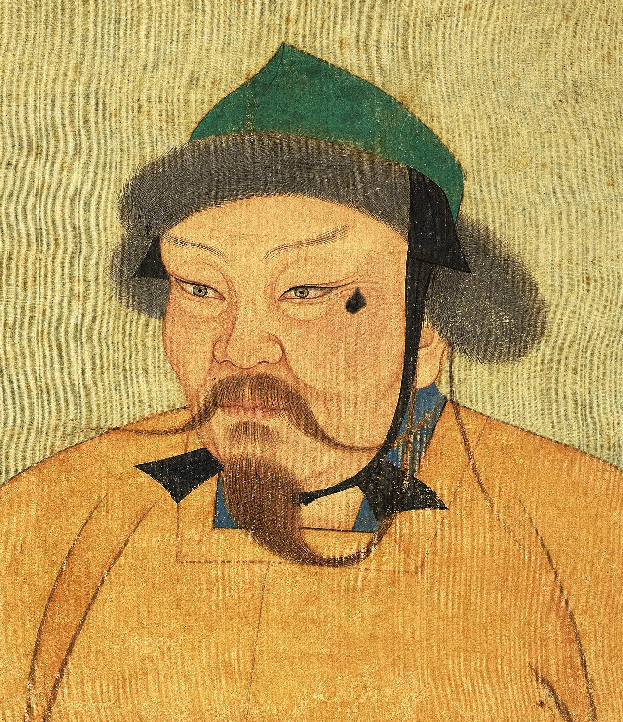 The painting is of Genghis Khan's son Ögedei Khan wearing a green hat and a yellow robe.