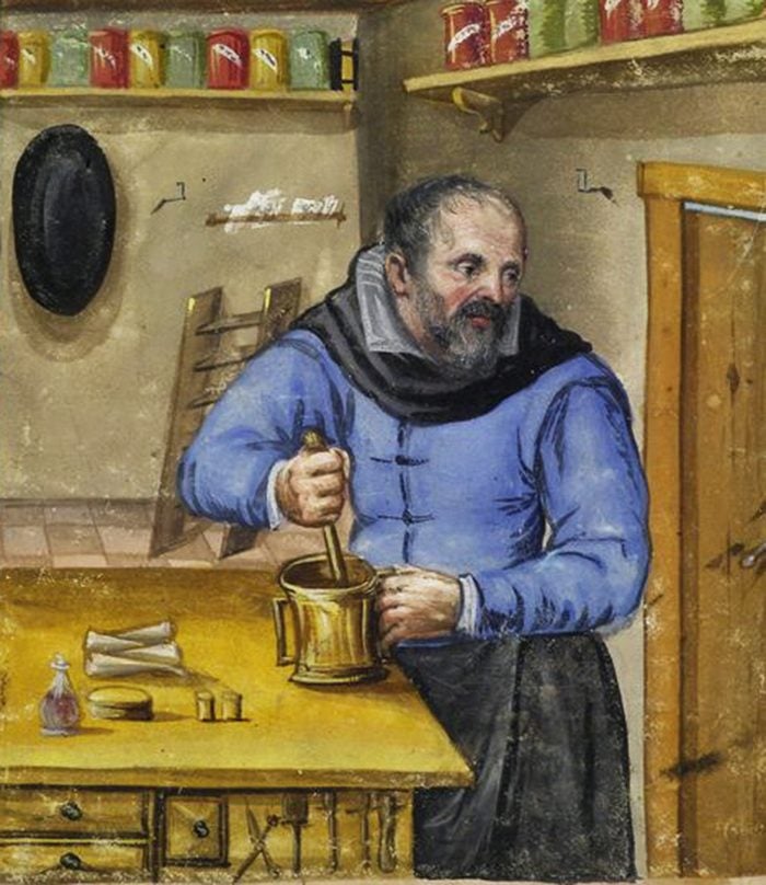 A painting depicting a man in a blue jacket preparing an ointment by mixing it using a stirring rod in a large metal cup.