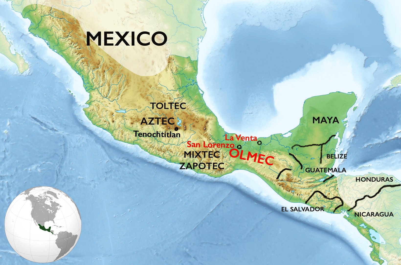 A map of Mexico and Central America showing the locations of Aztec, Mixtec Zapotec, Olmec and Mayan Civilizations and cities. The map has a blue and green color scheme and a small inset globe in the bottom left corner.