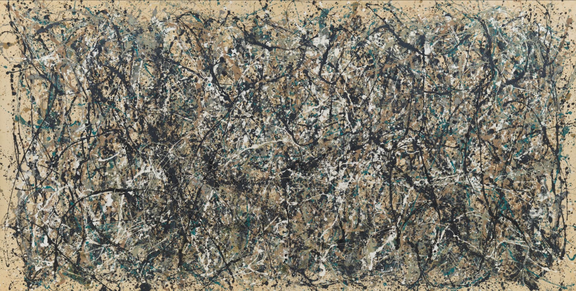Pollock's 'One: Number 31, 1950' showcases his signature “drip” technique in Abstract Expressionism. The expansive canvas, laid on the ground during creation, features dynamic strings of enamel in tans, blues, grays, black, and white, conveying energy and movement. The painting merges forceful application with intricate detailing and lyricism.
