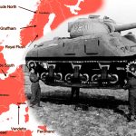 Collage featuring a red map of Europe with labels like “Fortitude North”, “Fortitude South”, “Graffam”, and “Vendetta”, alongside a black and white image of a WWII inflatable tank, resembling a Sherman M4, designed to mislead German aerial reconnaissance.