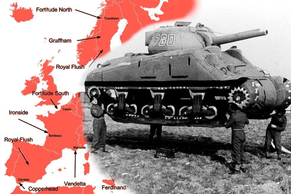 Collage featuring a red map of Europe with labels like “Fortitude North”, “Fortitude South”, “Graffam”, and “Vendetta”, alongside a black and white image of a WWII inflatable tank, resembling a Sherman M4, designed to mislead German aerial reconnaissance.