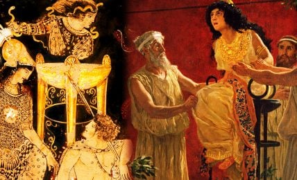 A collage of two Pythia at Delphi representations.
