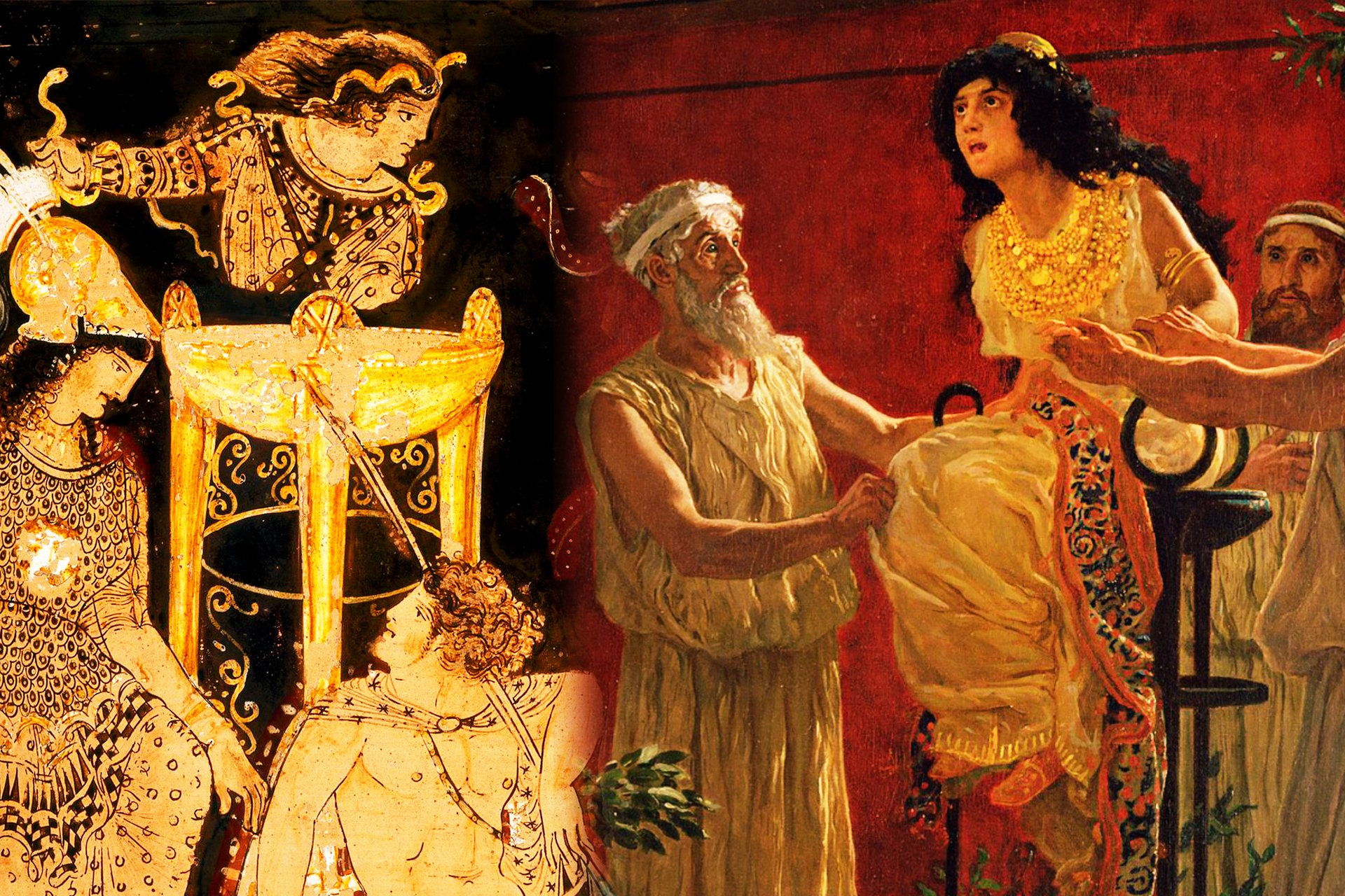 A collage of two Pythia at Delphi representations.