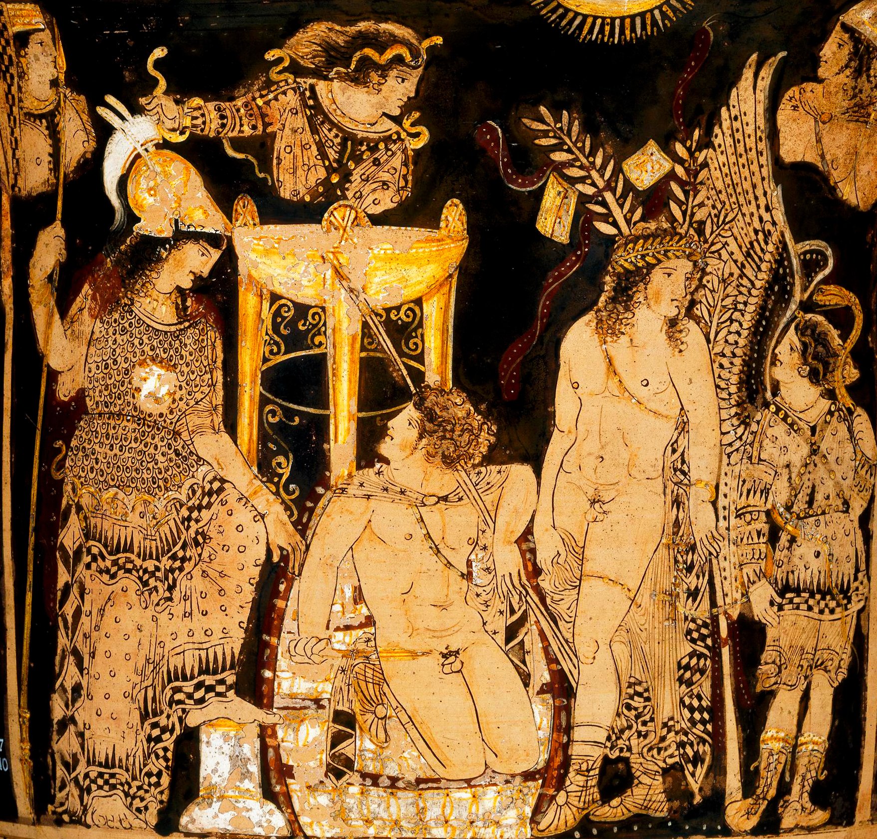An ancient Greek pottery painting with black and orange colors. The painting shows Orestes consulting the Pythia at Delphi, seeking guidance from Apollo and Athena.