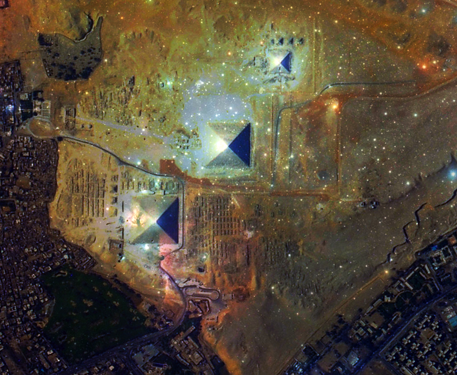 Orion's Belt superimposed on the Giza pyramid complex with Alnitak on the Great Pyramid of Giza, Alnilam on the pyramid of Khafre, Mintake on the pyramid of Menkaure,illustrating the Orion Correlation Theory.
