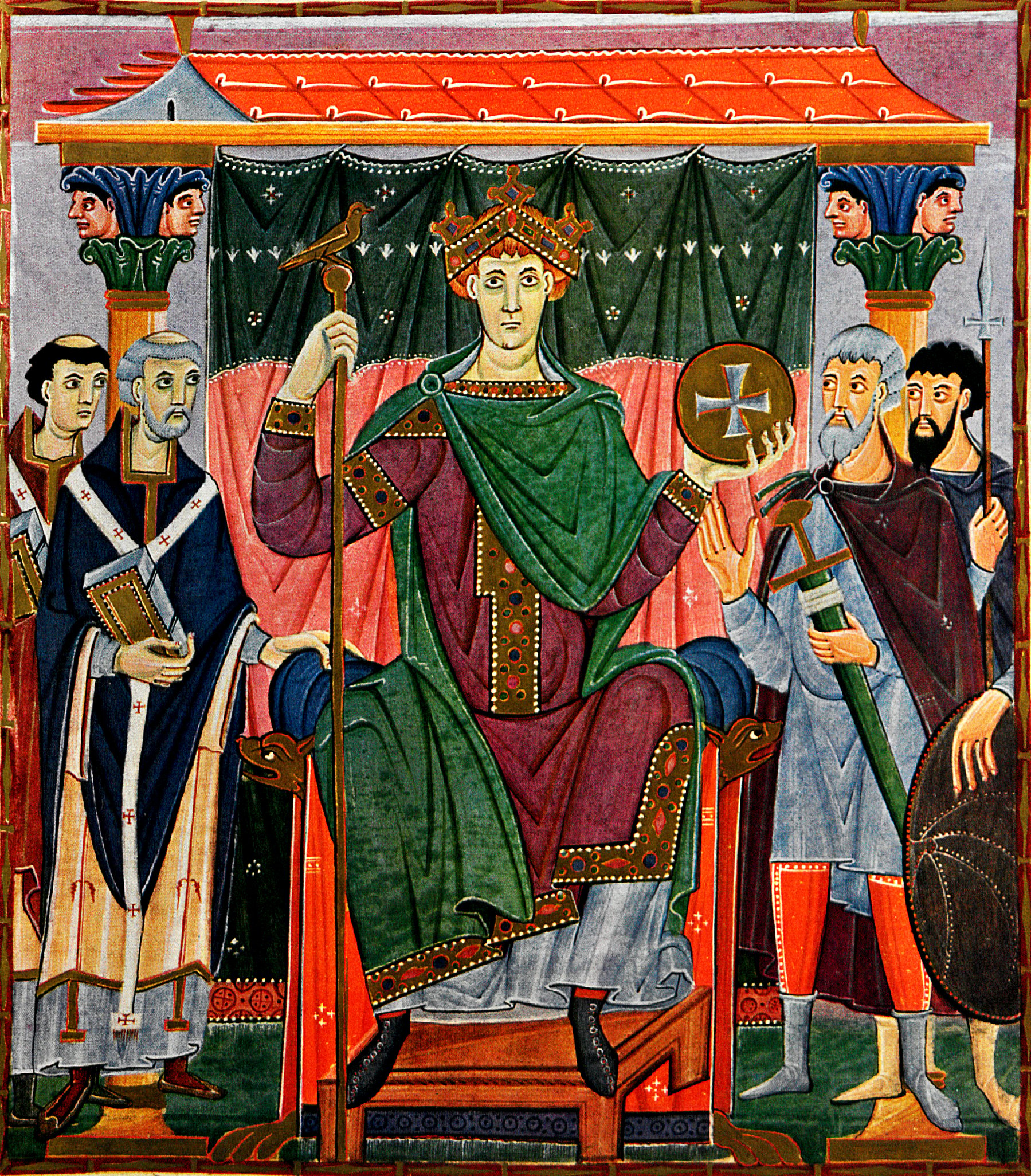 A vividly colored illustration from the Evangeliary of Emperor Otto III. The scene depicts the enthroned ruler, Otto III, wearing a crown and royal robes, holding a staff in one hand and a sphere with a cross in the other. He is surrounded by advisors and clerics, one of whom holds an open book. The backdrop is a decorated canopy with intricate patterns.
