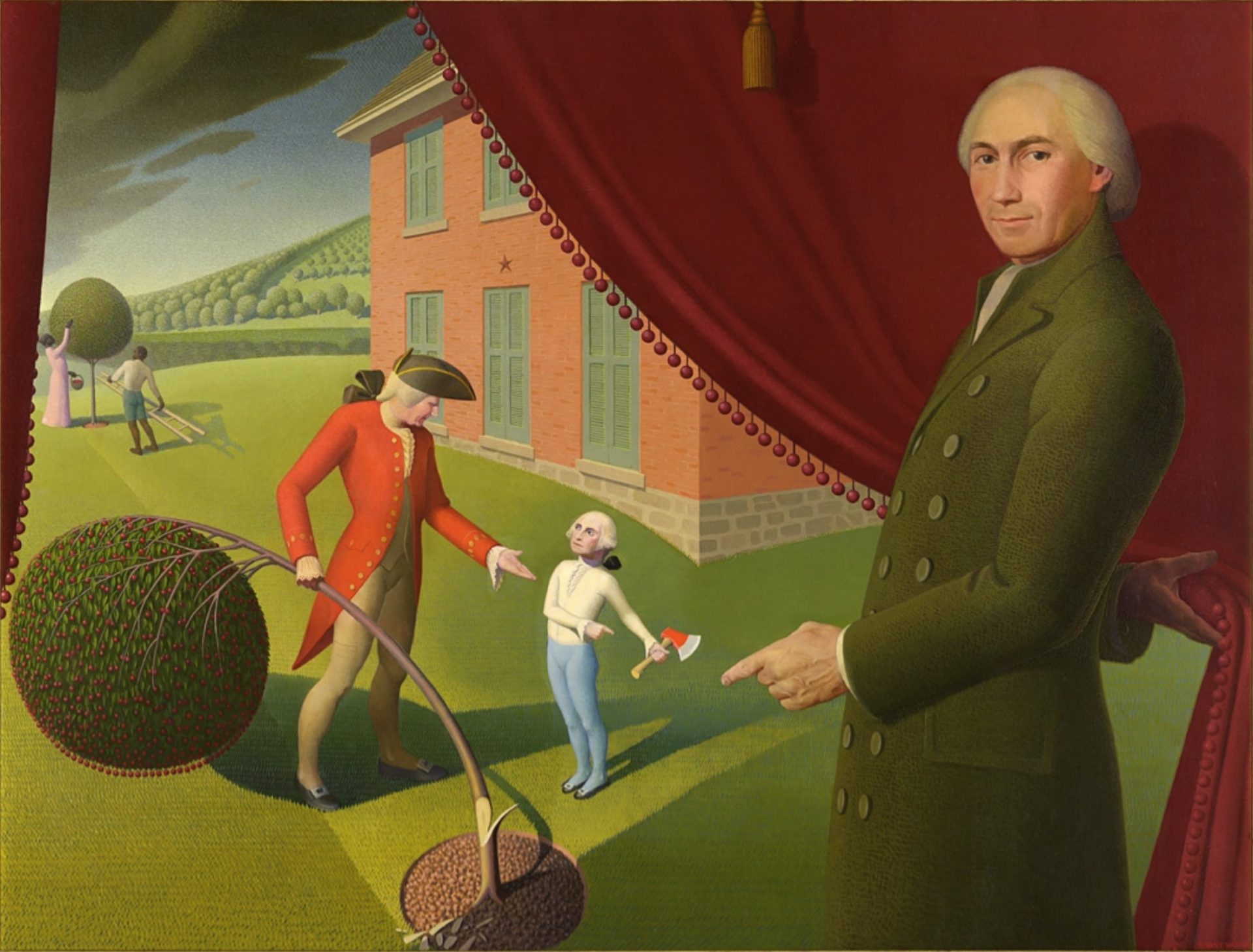 A whimsical, theatrical depiction of the mythical story of George Washington chopping down a cherry tree as a boy. In the center of the image, young George Washington stands holding an axe with a fallen cherry tree in front of him, while his father sternly looks at him. They're shown on a stage-like setting with heavy red curtains being pulled aside by a man, presumably Parson Weems, who is also the author of this fable. The painting is filled with rich, bright colors, and features exaggerated perspective and detailing to emphasize the theatrical and fictional nature of the scene. A visual pun is introduced through the cherry-patterned curtains that match the cherry tree, adding a sense of playfulness to the scene.