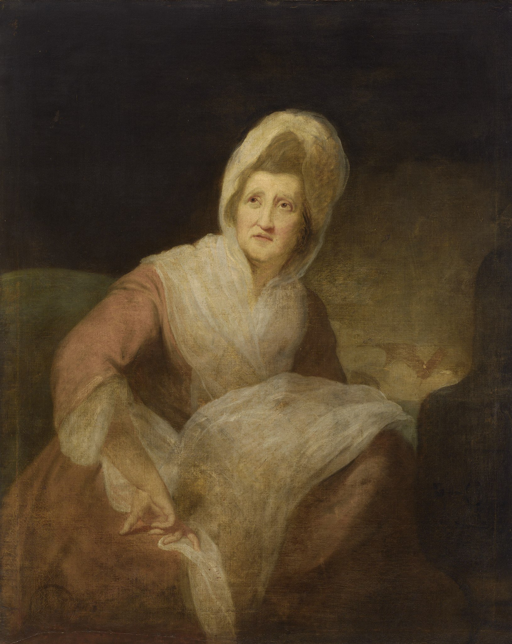 A painting of a woman in a white dress, sitting down and looking up with a pondering expression on her face.