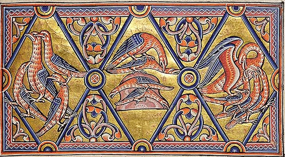 An illustration from a medieval bestiary book depicting three scenes of a pelican being attacked and defending its offspring.