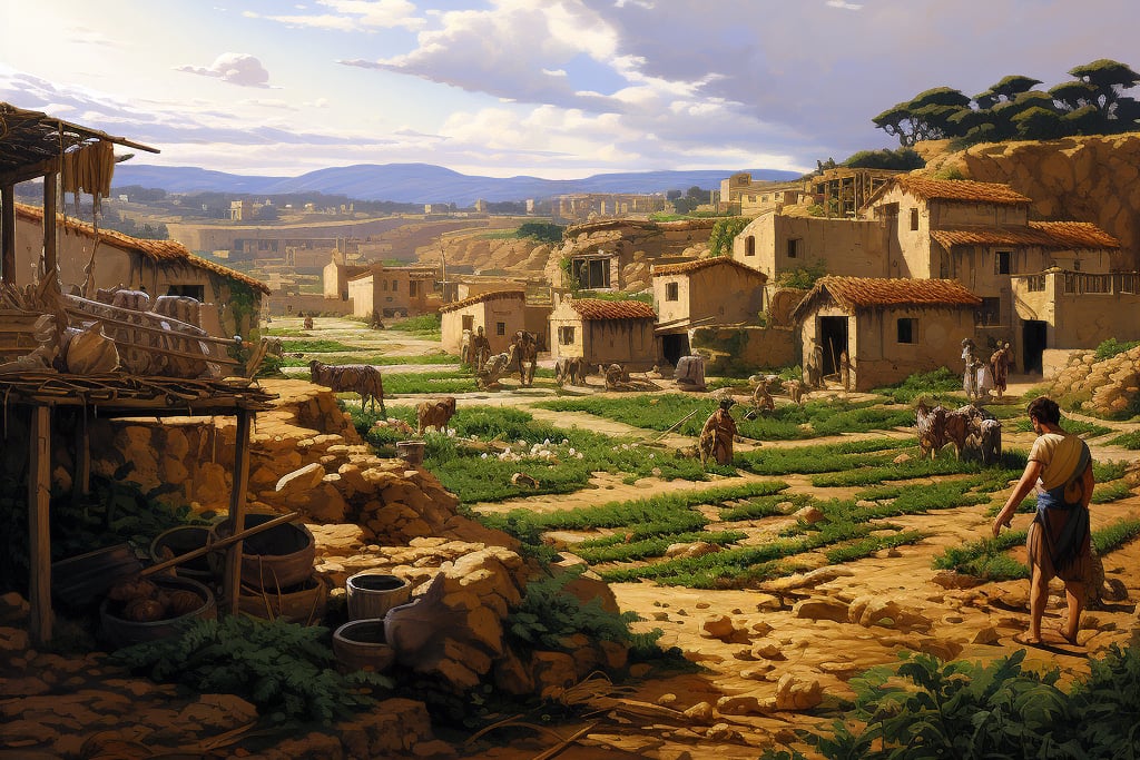 A village scene in ancient Rome, with people working and walking around small houses, fields and hills.