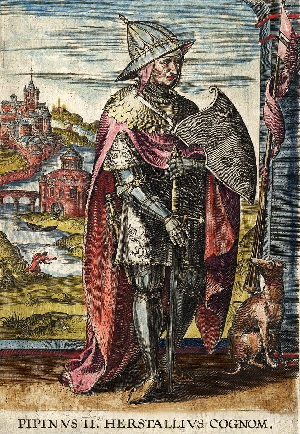 An illustration of Pepin of Herstal dressed as knight in armor with a shield and sword, standing on a hill with a castle and a river in the background. The image has text that reads “Pipinus II. Herstallius Cognom.”