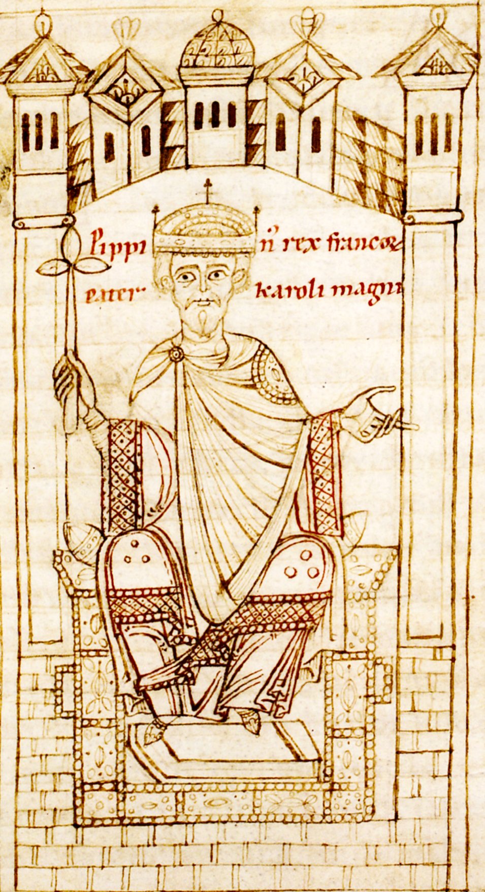 A medieval manuscript illustration of king Pepin the Short on a throne with his name written above him.