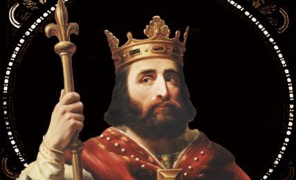 A painting of king Pepin the Short wearing a red robe and a gold crown, holding a gold scepter against a black background with a white circular border.