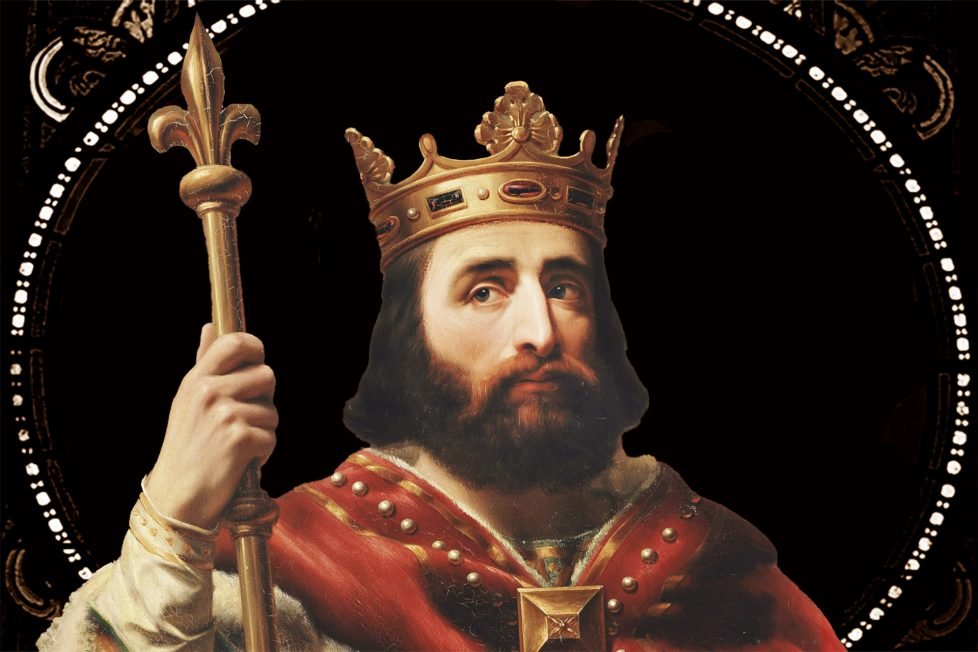 A painting of king Pepin the Short wearing a red robe and a gold crown, holding a gold scepter against a black background with a white circular border.